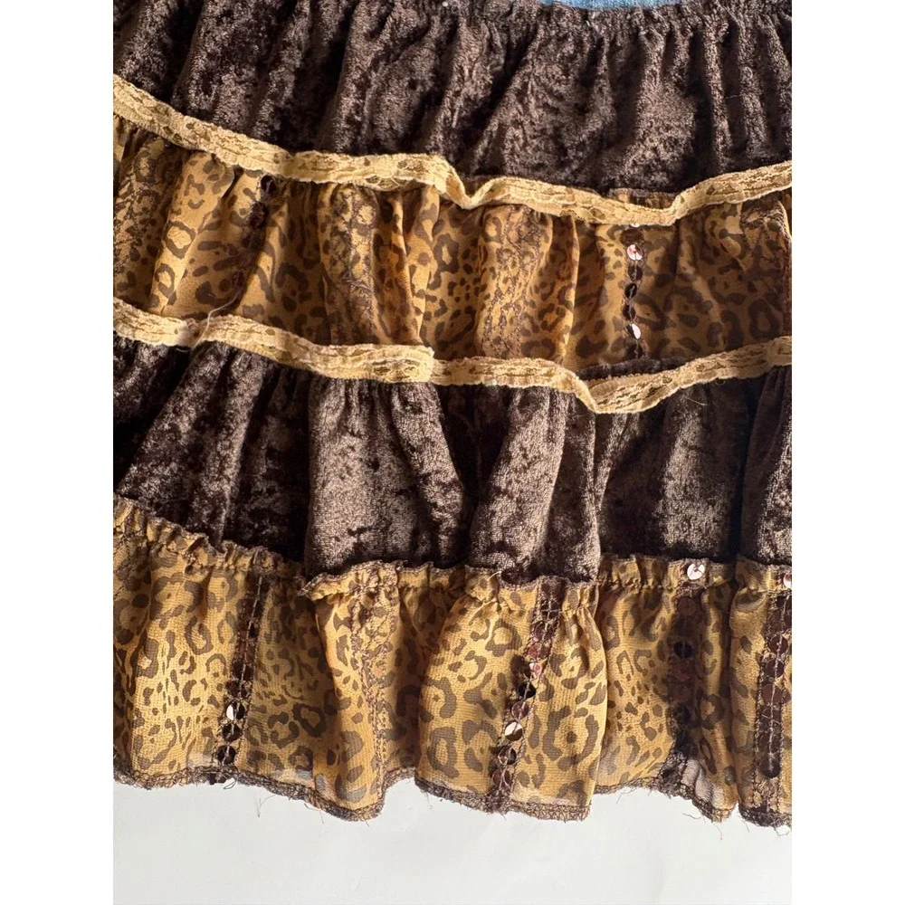 The Childrens Place Y2K Girls Denim Leopard Velvet Tiered Ruffle Skirt Size 6X 7